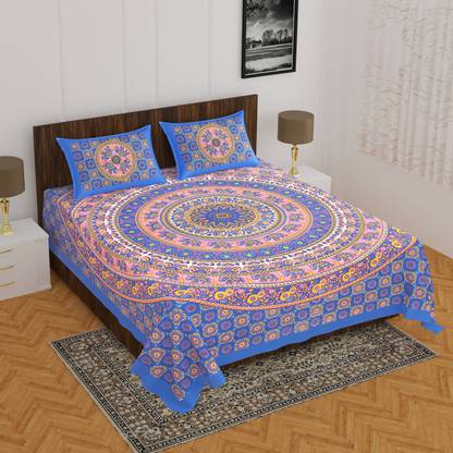 SKY WIINGS 256 TC Cotton Double Jaipuri Prints Flat Bedsheet