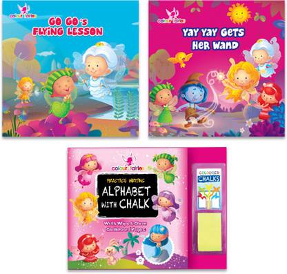 Writing Practice Alphabet With Chalk Book with 2 Story Books |Go Go's Flying Lesson | Yay Yay Gets Her Wand | Colour Fairies