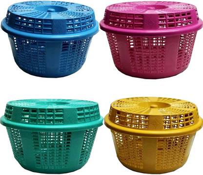 Skylii Round Plastic Basket With Lid Storage basket Fruit & Vegetable Basket Pack of 4 Plastic Fruit & Vegetable Basket