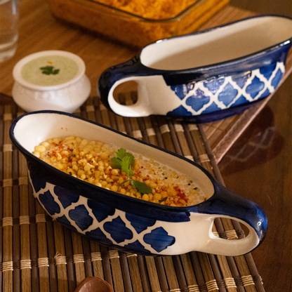 Jimkia Ceramic Bowl (Blue, Set Of 2 ) Serving Bowl Set For Raita, Daal, Sambhar, Dahi Bowl Serving Set