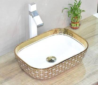 grey entreprises Ross GLODEN BEST BASIN 45 × 32 × 13 CM BEAUTIFUL BASIN 158 GLOSSY FINISH GOOD QULITY/ DESIGNER TABLE TOP WASH BASIN Table Top Basin