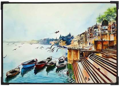 FURNATO Home Decor | UV Coated MDF Board Laminated of Varanasi Picture Painting Digital Reprint 8.5 inch x 6 inch Painting