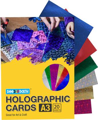 DOODLEDASH Holographic Cards 6 Shiny Metallic Colors A3 Size 250 GSM (Pack of 20 Sheets) Holographic Card A3 250 gsm Coloured Paper