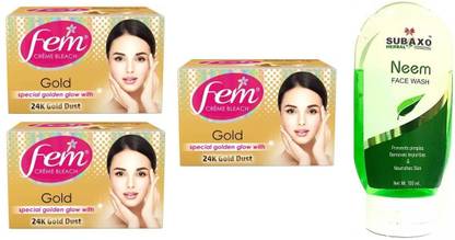 Fem GOLD CREME BLEACH 3 PC EACH OF 75 GM AND SUBAXO NEEM FACE WASH 100 ML