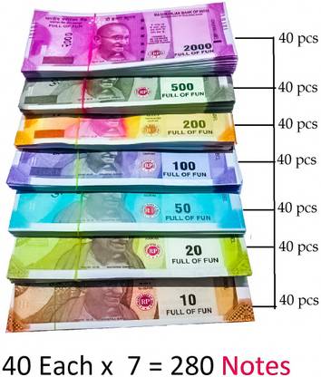 Chama 2021 Chama Fake Money Currency Set of 280 Note for Kids 40 Units Each Set All New 10 | 20 | 50 | 100 | 200 | 500 | 2000 Artificial Playing Currency , Learn Money Skills, Dummy Note, Nakli Note - Multi Color Gag Toy