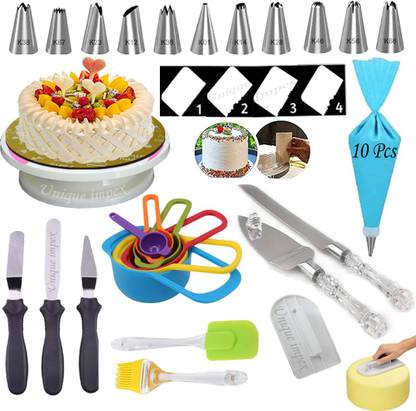 Unique Impex Easy Rotate Cake Turntable + Cake Smoother + 6 Pcs Multi-Color Measuring Spoon + Silicone Spatula and Brush Set + 4 Pcs Scraper set + 12 Piece Cake Decorating Set with Piping Bag + 3 Pcs Multi-Function Stainless Steel Cake Icing Spatula Knife Set+ Stainless Steel Cake Knife and Server Set with Acrylic Handle (All Product Reusable & Washable) Kitchen Tool Set