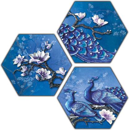 pnf Set of 3 Hexagen piece painting on MDF of Peacock art 0018- Digital Reprint 17 inch x 17 inch Painting
