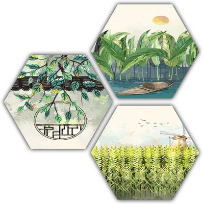 pnf Landscape art scenery Set of 3 piece Hexagon MDF-655- Digital Reprint 17 inch x 17 inch Painting