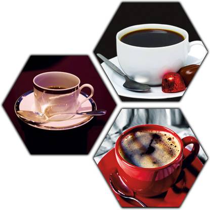 pnf Set of 3 Hexagen piece painting on MDF of Coffee Cups 0077- Digital Reprint 17 inch x 17 inch Painting