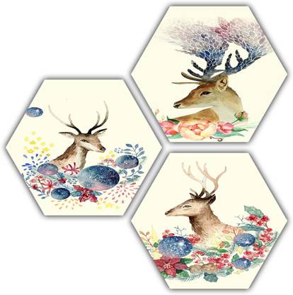 pnf Landscape art scenery with deer Set of 3 piece Hexagon MDF-315- Digital Reprint 17 inch x 17 inch Painting