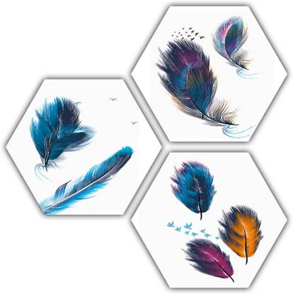 pnf Birds Feathers Art Set of 3 piece Hexagon MDF-341- Digital Reprint 17 inch x 17 inch Painting
