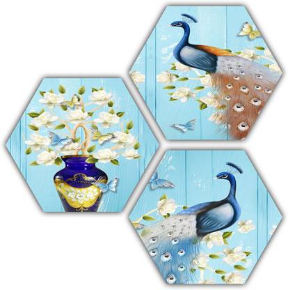 pnf Peacock Art Set of 3 piece Hexagon MDF-668- Digital Reprint 17 inch x 17 inch Painting