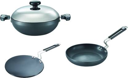 Prestige Hard Anodised + Cookware Build Your Kitchen set 3 Pcs- Fry pan, Kadhai with Lid, Tawa 24 cm diameter with Lid