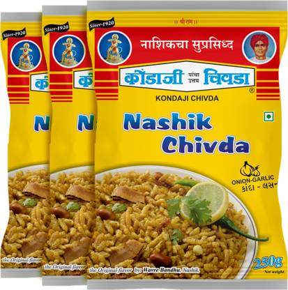 KONDAJI CHIVADA Nashik Special Chivda with Onion Garlic | Pack of 3 - 250gm each (Total - 750gm)