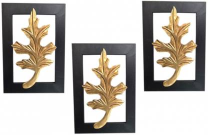 Craferia Export Brass Leaf On Wood Frame For Wall Decor (Set Of 3) Pack of 3