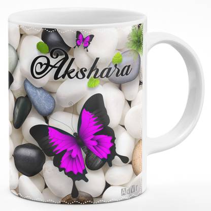ADVR "Akshara" Name Printed on Butterflies & White stones theme (0C0A220CDB) Ceramic Coffee Mug