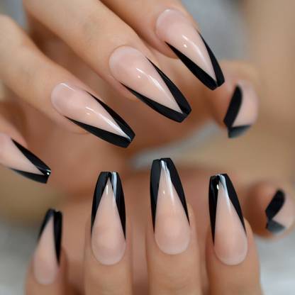 TBUY V-shaped Black Coffin French False Finger nails with Glue & Press on stickers Natural