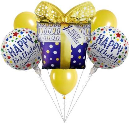 Bash N Splash Printed Helium Quality Blue Gift Box Happy Birthday Balloon round Foil Balloon (6 Pc) Balloon