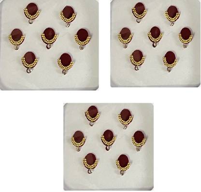 ONLINE JUNCTION OJ Golden Round Shape 2 line Moti Stone Bindi Girls & Womens-Size 5 Pack of 3 Forehead Maroon Bindis