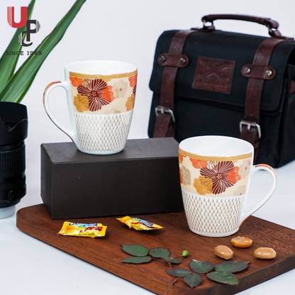 U.P.C. Flower Series Fine Bone China Ceramics 300ml (Pack of 2) Bone China Coffee Mug