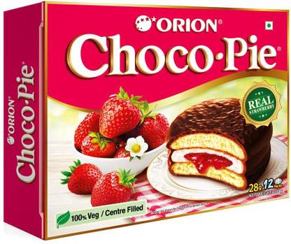 ORION Strawberry Choco Pie (12 pies)| Korean Snack Cream Sandwich Biscuit