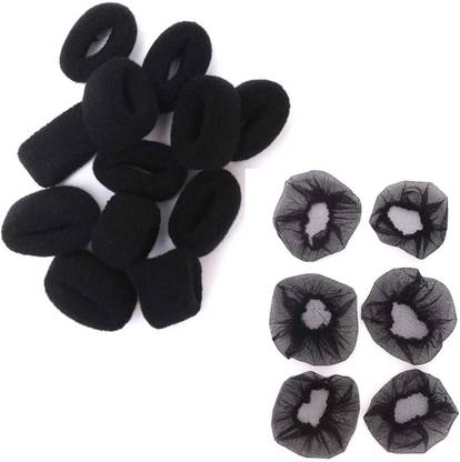 Zintalic 12 Black Cotten Woollen Rubber Band With 6 Net Juda Bun For Girls & Women Rubber Band