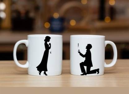 ZORI Valentine Special Cute Proposing Couple Black Printed Glossy Finished, ,330ml Ceramic Coffee Mug
