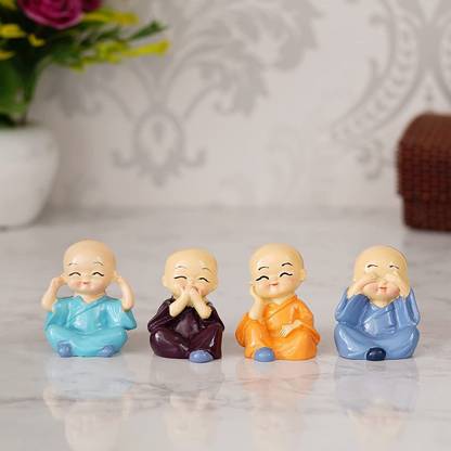 Craftam Set Of 4 Baby Monk Buddha Idol Statue for Home Office Décor, Car Dashboard and Gifts Decorative Showpiece  -  5 cm