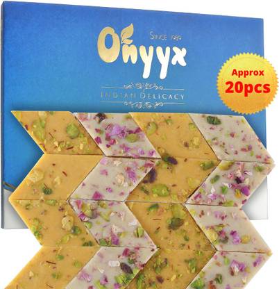 Onyyx Kaju Katli - Kesar and Rose (Gulab) assorted (Kaju Barfi / Burfi, Indian Mithai / Sweets gift pack / box)- 200g Festive Gift Box Festive Gift Box