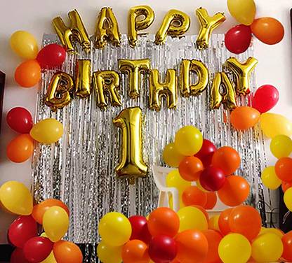 Flyelle Solid 1st Happy Birthday Balloon Decoration Set Golden color pack of 49 Letter Balloon