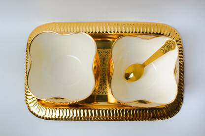 VRIMA Aluminium Decorative Bowl Double Bowl Square Model-Set Of 2 Bowls ,1 Tray & 1 Spoon