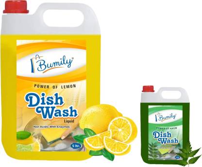 Bumily 5+1 ltr liquid dish wash gel yellow lemon + green lemon fragnance (6 ltr) Dish Cleaning Gel  (lemon, 2 x 3 L)
