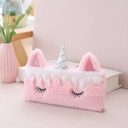 Style My Home Cute Unicorn Fur Pouch with Simple Dimple Pop It Fidget Keychain Combo Unicorn Art Canvas Pencil Box