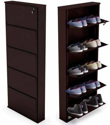 FLIPZON Powder Coated Five Door Steel Shoe Rack Wall Mount Space Saver - 21-inch - 5 Door - Coffee Brown Metal Shoe Rack