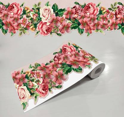 WALLDESIGN 304.8 cm Rose & Lilies Flower Designer Self-Adhesive Wallpaper Border (5.25 In x 10 Ft) Self Adhesive Sticker