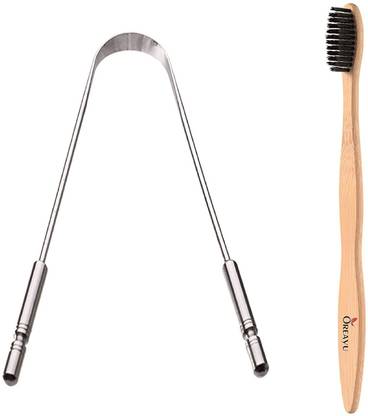 Oreayu Bamboo Charcoal Toothbrush Steel Tongue Cleaner Soft Toothbrush