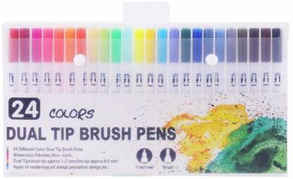 UKRAAFT 24 Colors Dual Tip Brush Pens Art Markers Set Flexible Brush & Fine liner Tips