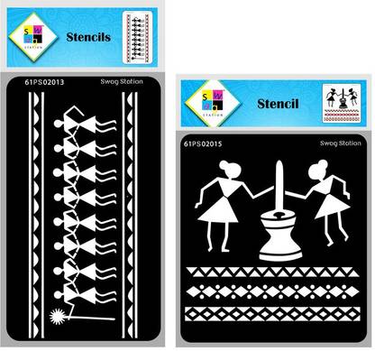 SWAGSTATION Stencil for art and craft , Warli Women and Dancing Border Stencils Tribal combo 17 Tribal Stencil