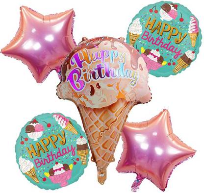 Kapoor stores Printed Happy Birthday Ice Cream Theme Foil Balloon Set of 5 Balloon