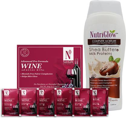 NutriGlow NATURAL'S Advanced Pro Formula Wine Facial Kit (60gm) & Shea Butter Milk Proteins (200ml)
