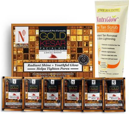 NutriGlow NATURAL'S Advanced Pro Formula Set of 2 Gold Kesar Facial Kit 60gm & De-Tan Scrub 65gm