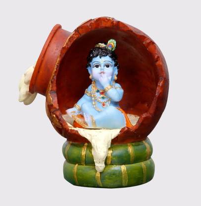 Sri Krishna Culture Krishna Idol Sitting Inside Butter Pot Eating Butter -Height-4.5 Inches-Resin Decorative Showpiece  -  11.43 cm