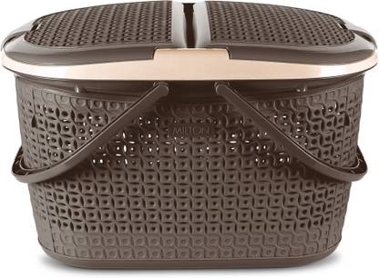 MILTON Polypropylene Pluto Picnic Basket with Two Side Opening Lid and with Handles, 1 Piece, Brown Storage Basket