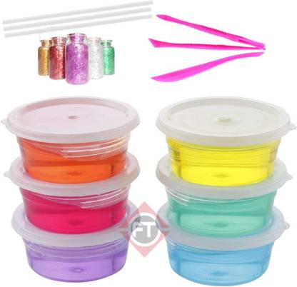 FC 6 Slime Putty Ultra Soft Multicolor Toy Rainbow Blush With Straws+ Glitter jelly