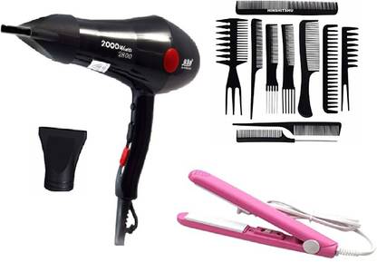 HINSHITSHU 10 Pc Professional Hair Comb With Professional Hair Dryer CH 2800 ( 2000 w ) & Hair Straightner