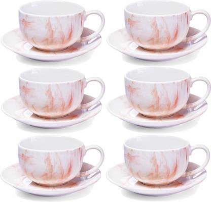 TREO Pack of 12 Ceramic Marble Cup and Saucer Set of 12, Marble Brown