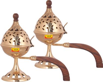 Shivshakti Arts Brass Dhuna Loban |Dhoop Dani with Lid Devdas Dhupiya, with Wooden Handle 2 pc Brass Incense Holder Set