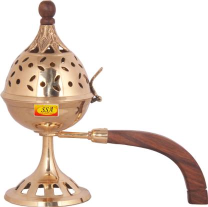 Shivshakti Arts Brass Dhoop Dani with Lid Incense Dhup Burner,Devdas Dhupiya Wooden Handle 1 pc Brass Incense Holder