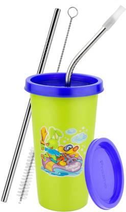 PRABHA Stainless Steel Tumbler with Lid Cap 370 ml 1 pcs with 2 Straws 1 Brush Green Stainless Steel Tumbler