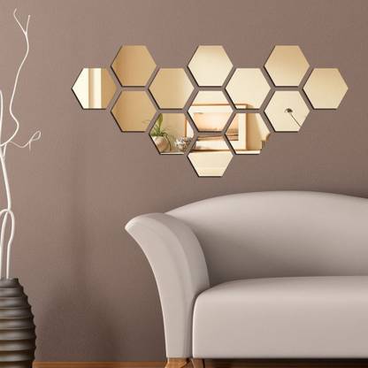 RadhaKripa 151 cm 13 Hexagon Golden 3D Acrylic Stickers Mirror Stickers Wall Stickers Self Adhesive Sticker